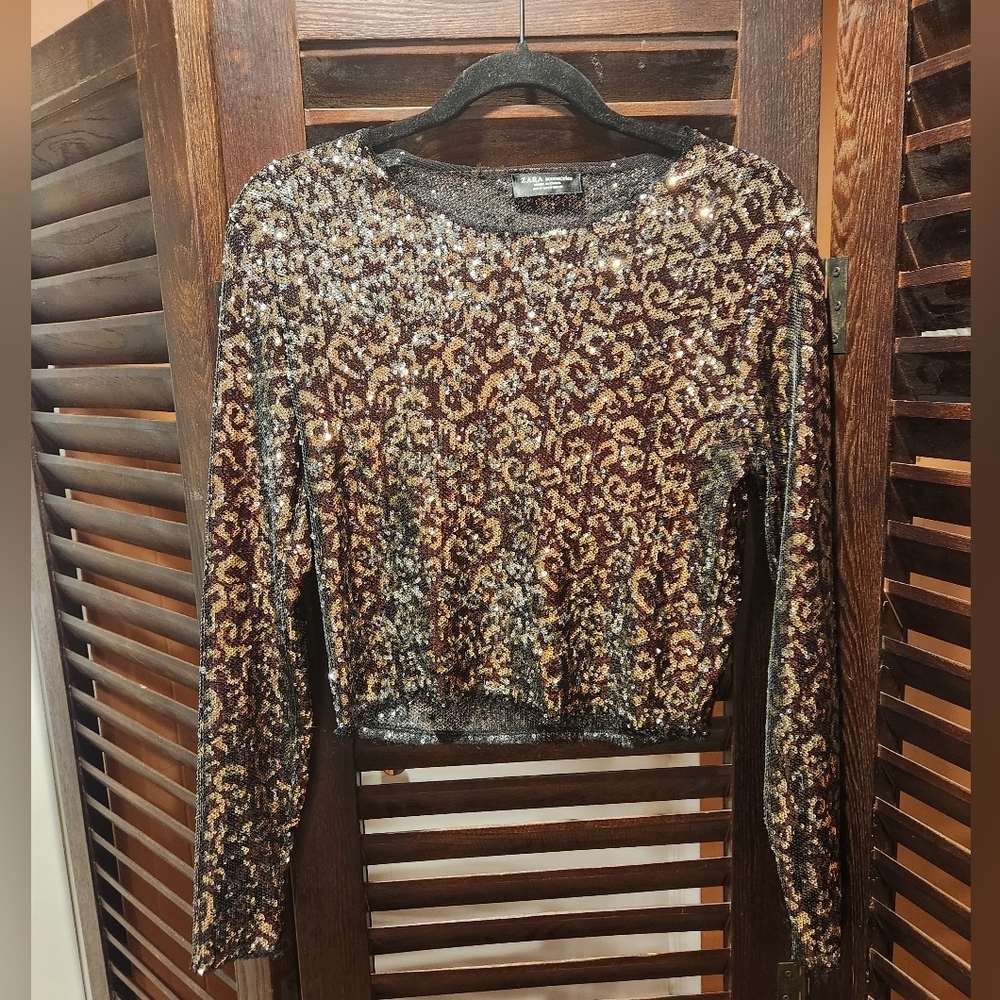 Zara Metallic Sequin Lepoard Print in Black and Gold